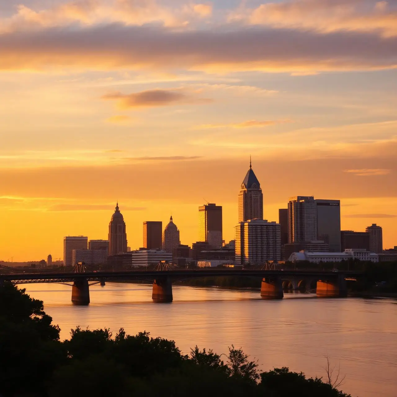 Memphis, Tennessee skyline at golden hour with the Mississippi River